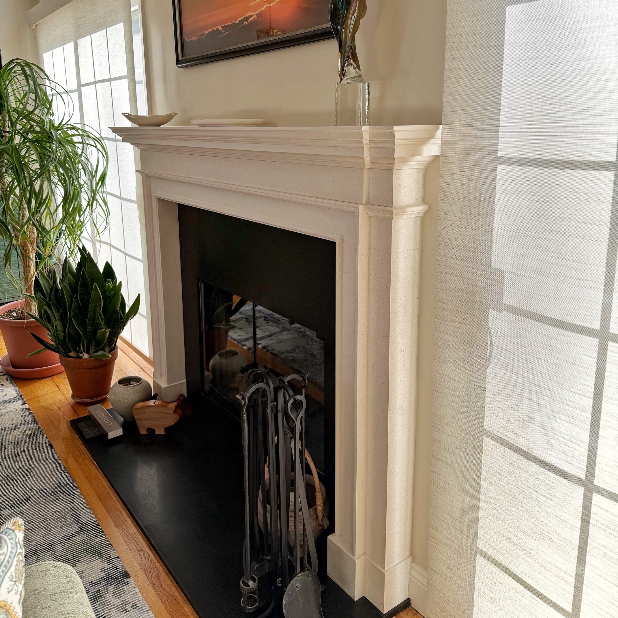 East Hampton living room fireplace and mantel
